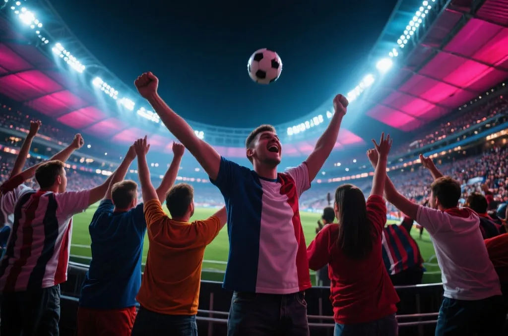 Excited sports fans celebrating a surprise victory in a modern stadium