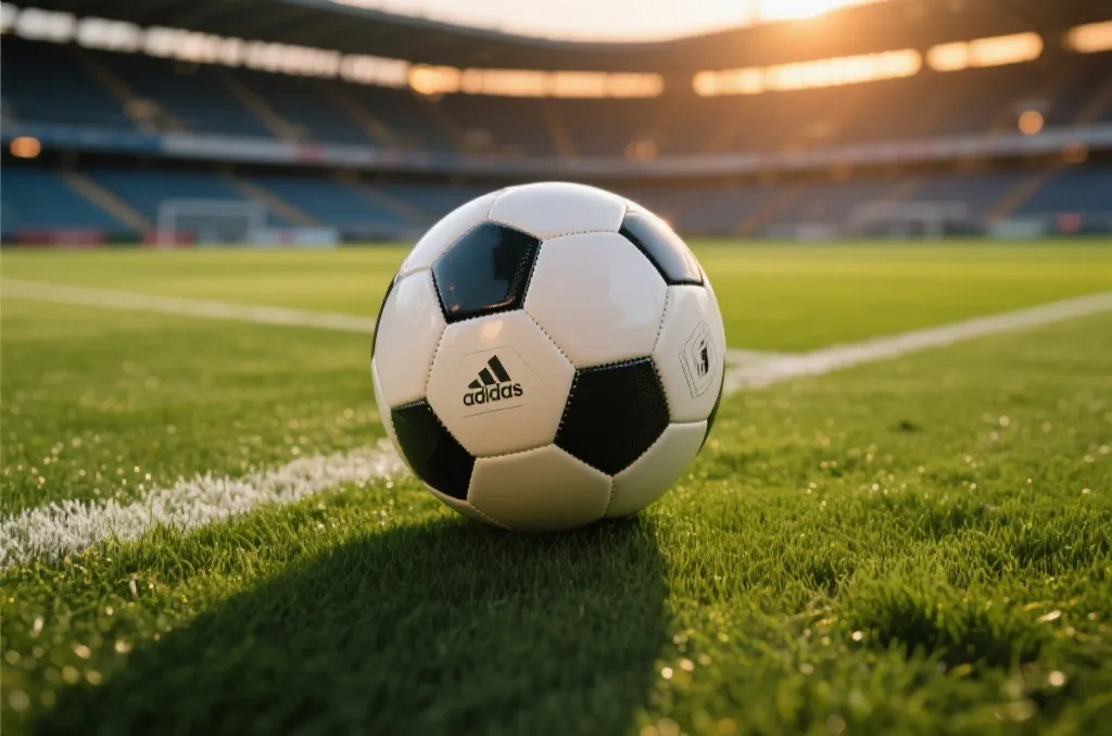 Close-up of a professional soccer ball on a lush green stadium pitch during sunset